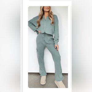 Ribbed Drawstring Cargo Joggers Set — Sage Green